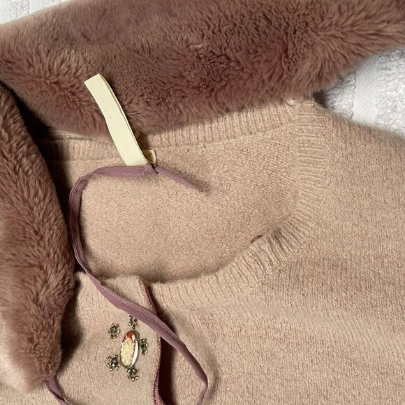 Vintage Easel Women's Snap Button Beige Faux Fur Trim Detachable Collar Jacket - Picture 5 of 11